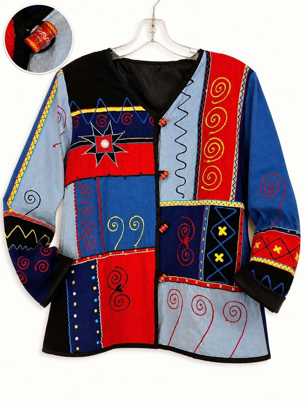 Vintage Indigo Moon Patchwork Embroidered Art to Wear Fully Lined Jacket Unique
